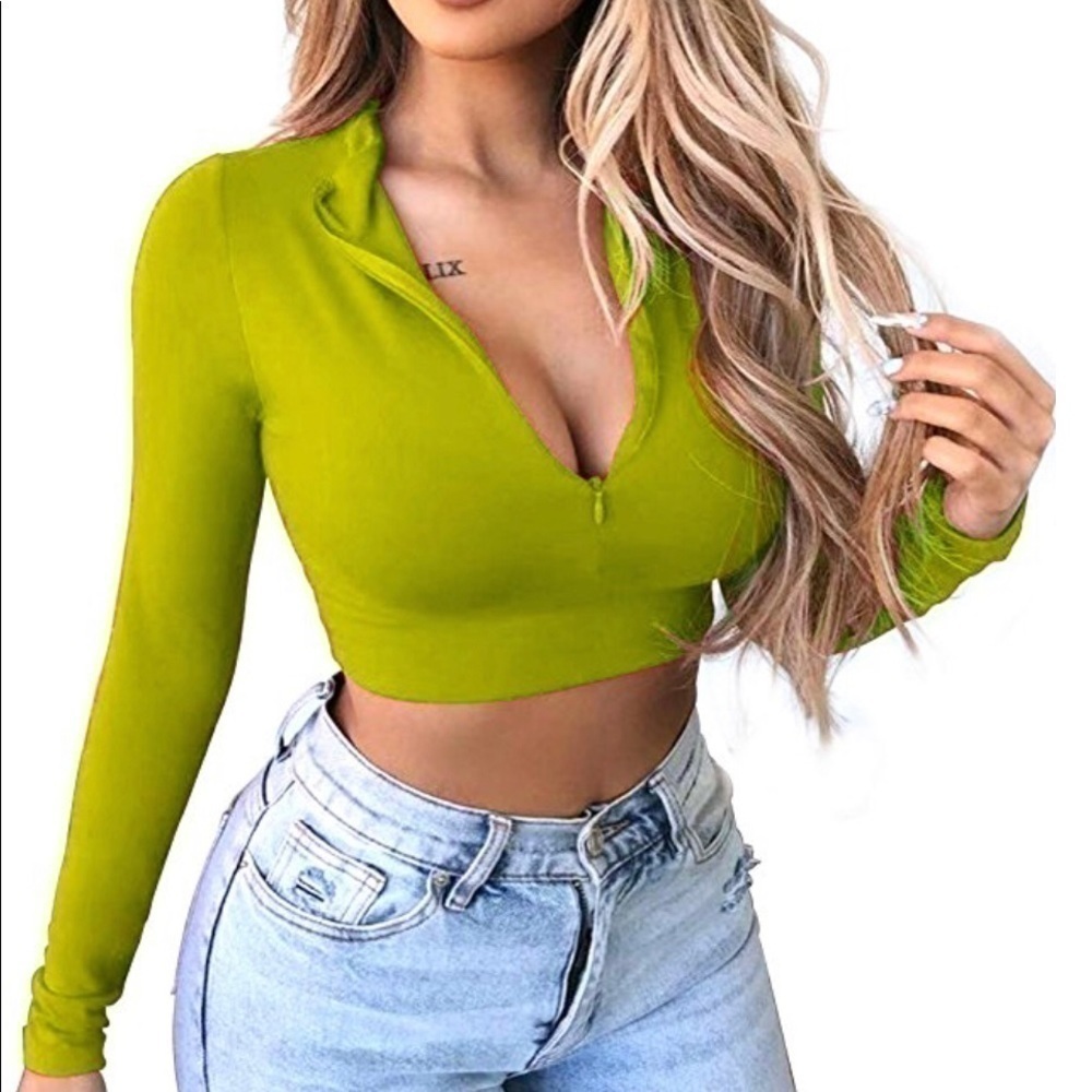 Green crop top club wear long sleeve top